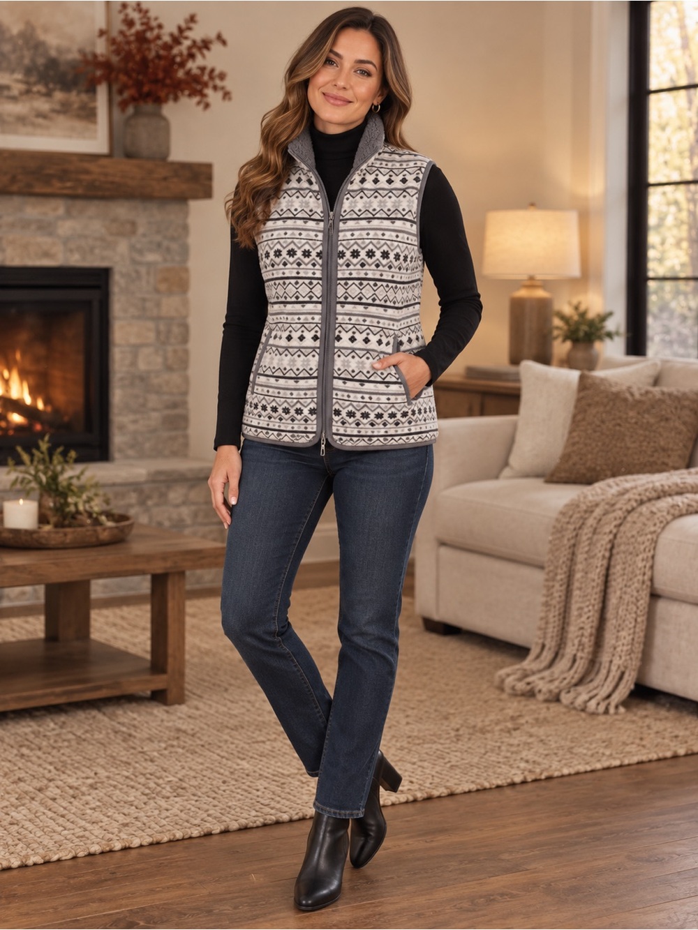 Women's Gray & White Fleece Zip Vest